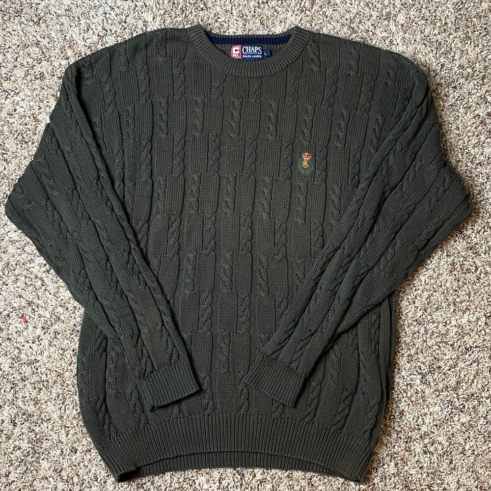 Vintage CHAPS Chunky Green Cable Knit Sweater Larg